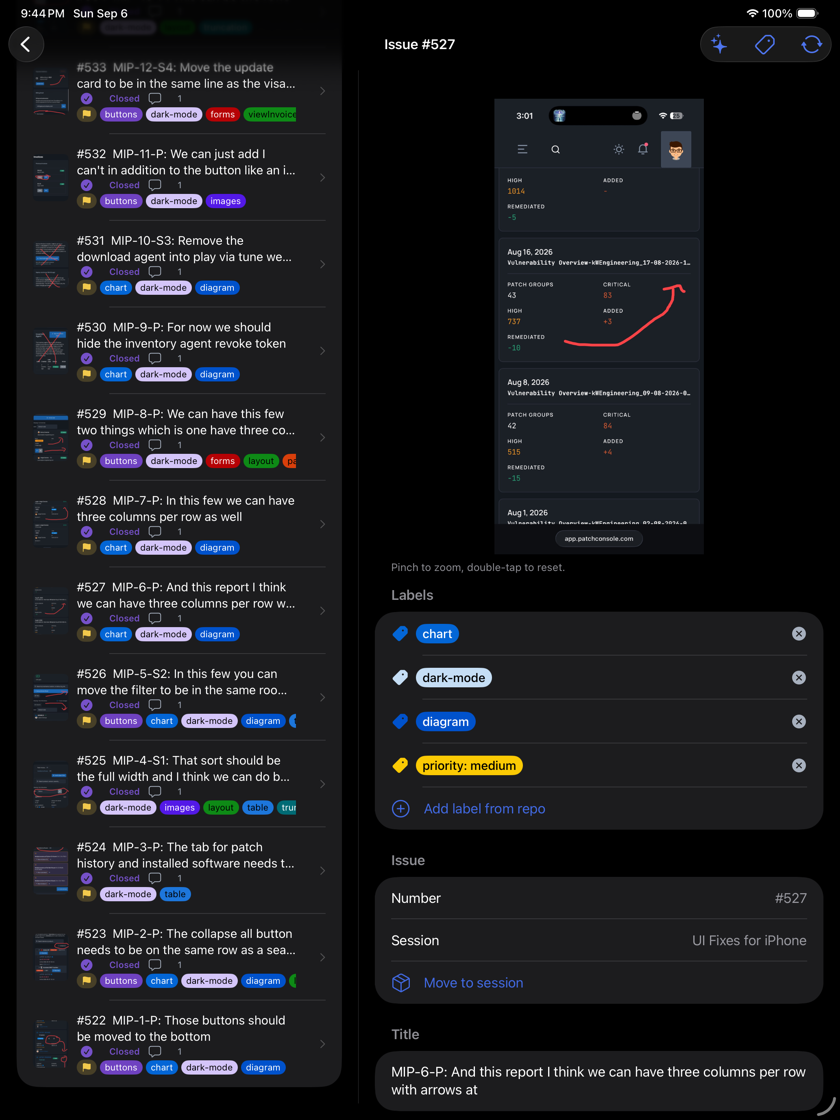Vox Issue on iPad: captured screens as issue tiles, ready to file