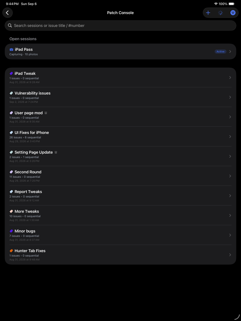 Vox Issue on iPad: the sessions list for a repository