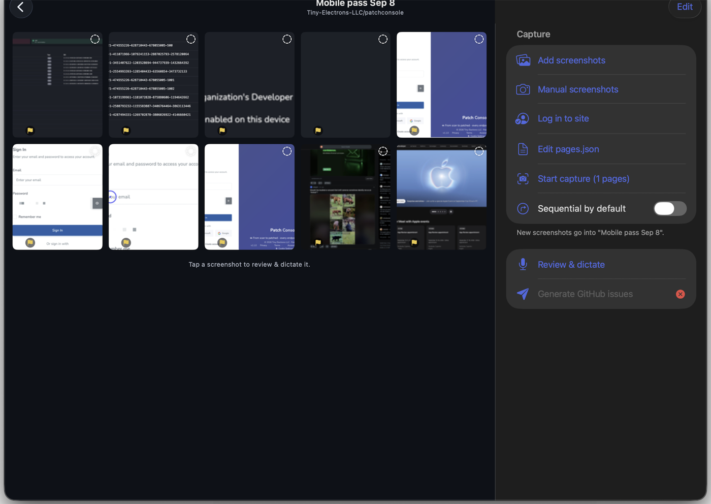 Vox Issue for Mac: a session's photo grid with the capture menu beside it