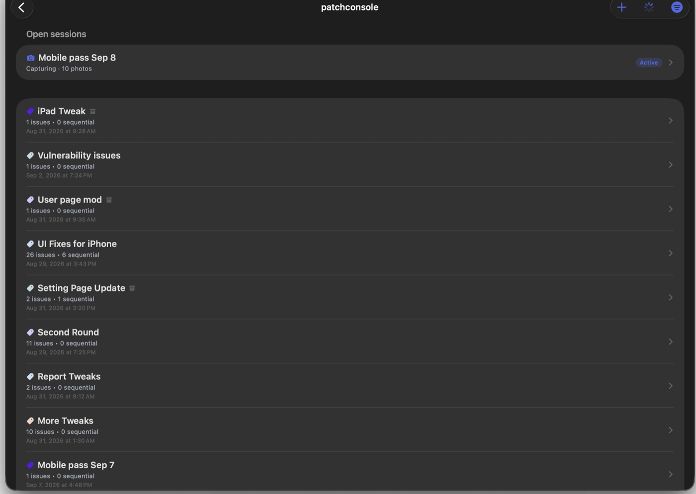 Vox Issue for Mac: the sessions list of a repository