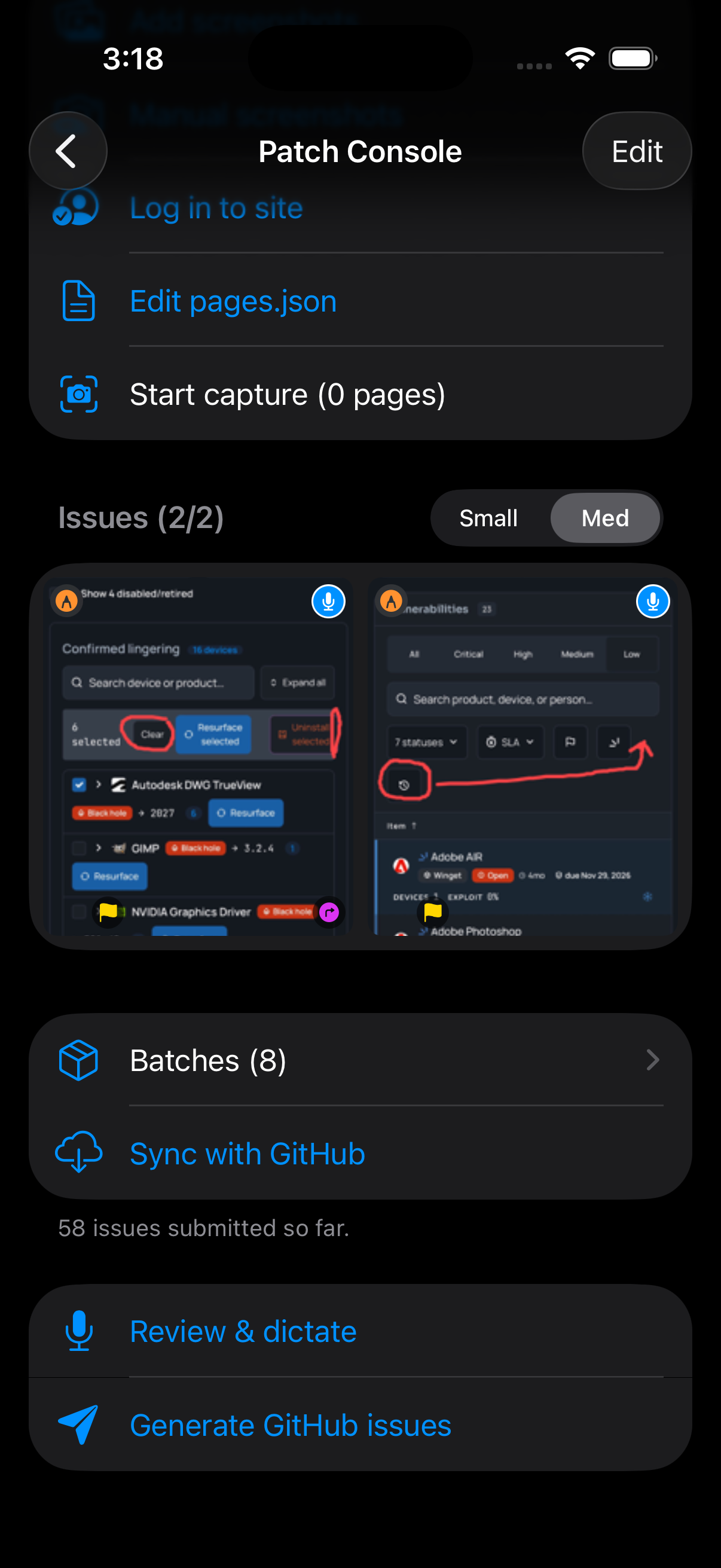 A Vox Issue project's Patch Console: capture options up top, captured screens as issue tiles, batches, and sync